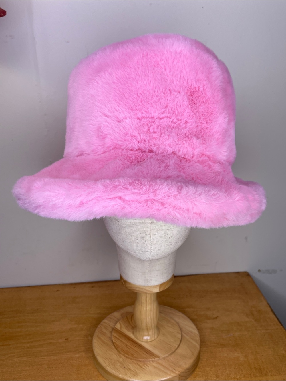Plush Pink Faux Fur Bucket Hat for Women